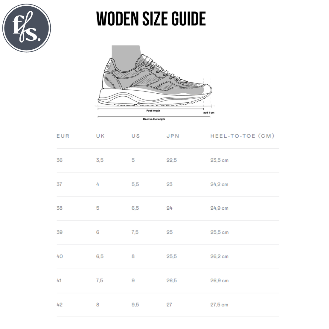 An illustration of the Woden Sophie Snake Suede Sea Fog Grey Women’s Sneaker appears above a size chart (EUR, UK, US, JPN sizes, heel-to-toe cm for 35–42). “Woden Size Guide” and the FLS logo are shown at the top., 5713326155754, 5713326155761, 5713326155