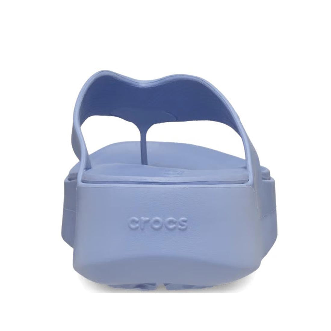 A rear view of the Crocs - Womens Getaway PLATFORM Flip Sandal in Blue Haze shows the CROCS logo on the heel, Free Feel Technology, a thong-style upper, and a thick platform sole from the Getaway Collection., 49903, 49904, 198445274244, 198445274251, 1984