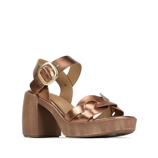 EOS Spirited Womens Copper Metallic Heeled Platform Sandal with comfy sole, woven straps, and secure gold buckle, shown on white.  ksnz