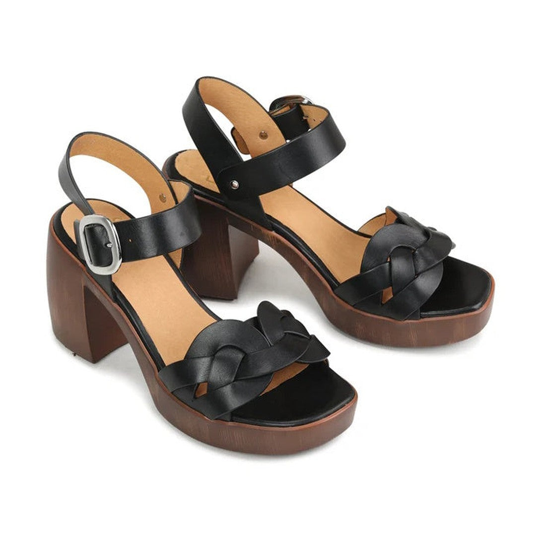 The EOS Spirited Women's Black Leather Heeled Platform Sandal features ankle straps with a silver buckle, woven toe straps, tan insoles, and chunky wooden block heels., 40690, 9321191231273, 9321191231280, 9321191231297, 9321191231303, 9321191231310, 4069