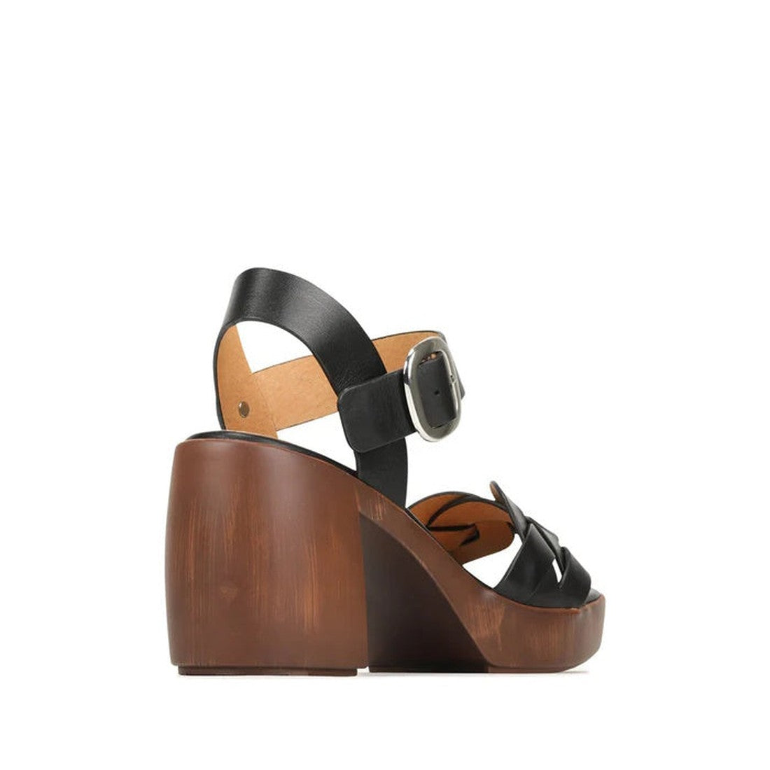 The EOS Spirited Womens Black Leather Heeled Platform Sandal features a thick wooden block heel, ankle strap, and large silver buckle. Shown from a side angle on a white background., 40690, 9321191231273, 9321191231280, 9321191231297, 9321191231303, 93211