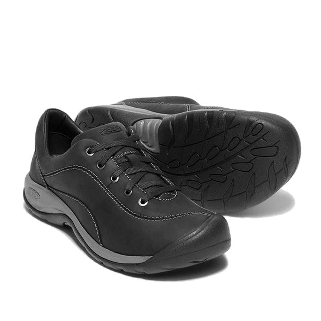 Keen Presidio II Black Kicks for Women: Comfy black lace-up walking shoes with grippy rubber soles, soft cushioning, and sturdy design.  ksnz