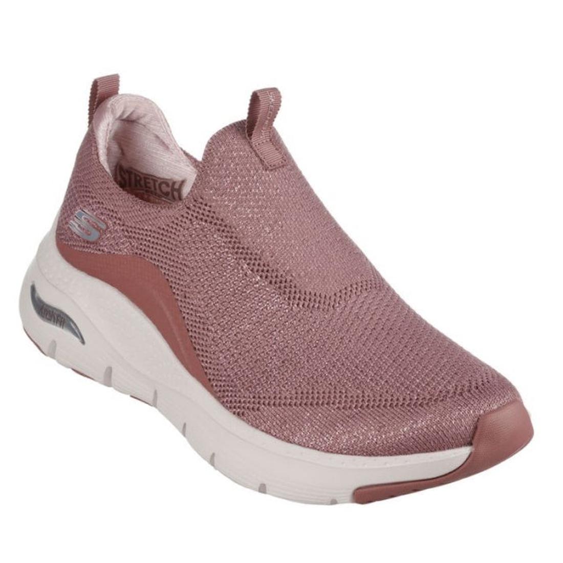 Skechers Arch Fit Slip Ons Keep It Up Mauve: comfy mauve slip-on sneakers with arch support, white sole, easy pull tab, and soft mesh.  ksnz