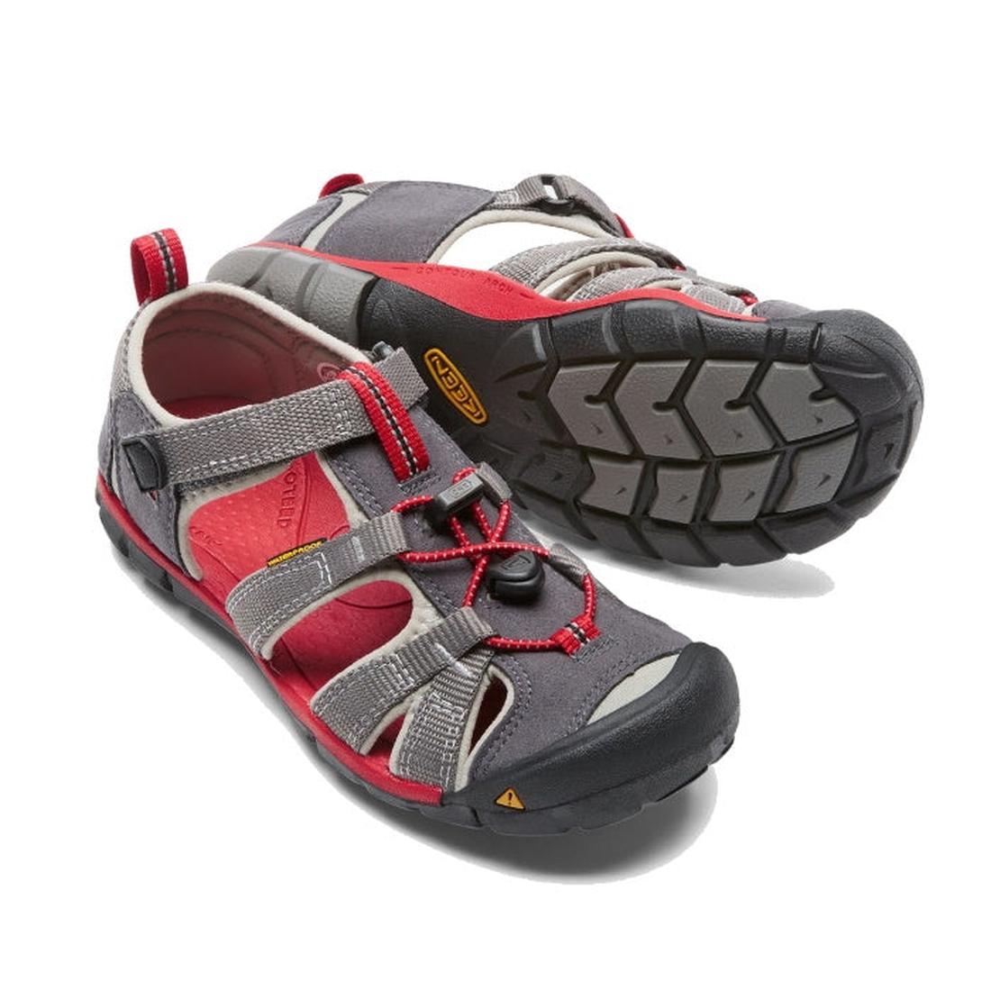 Keen Seacamp 11 CNX sandals for big kids in Drizzle Magnet/Racing Red, with secure straps and sturdy soles—ideal for play and water.  ksnz