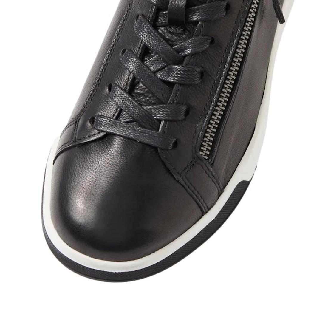 Close-up of the Ziera Aito XF Women's Casual Sneaker Zip Black, featuring black leather, black laces, high arch support, a side zipper, and a white and black rubber sole., 51068, 51069, 9361118012652, 9361118012653, 9361118012654, 9361118012677, 936111801