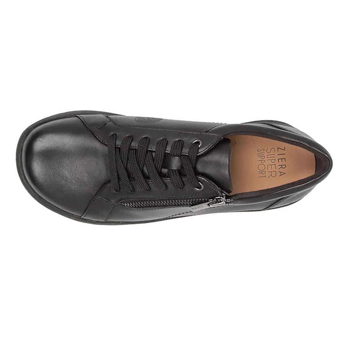 Top view of Ziera Solar XW Women's Casual Sneaker Zip Black Leather—a black leather sneaker for women with black laces, side zipper, tan insole printed with Ziera Super Support, offering high arch support and an extra wide fit., 50991, 9355342550562, 9355