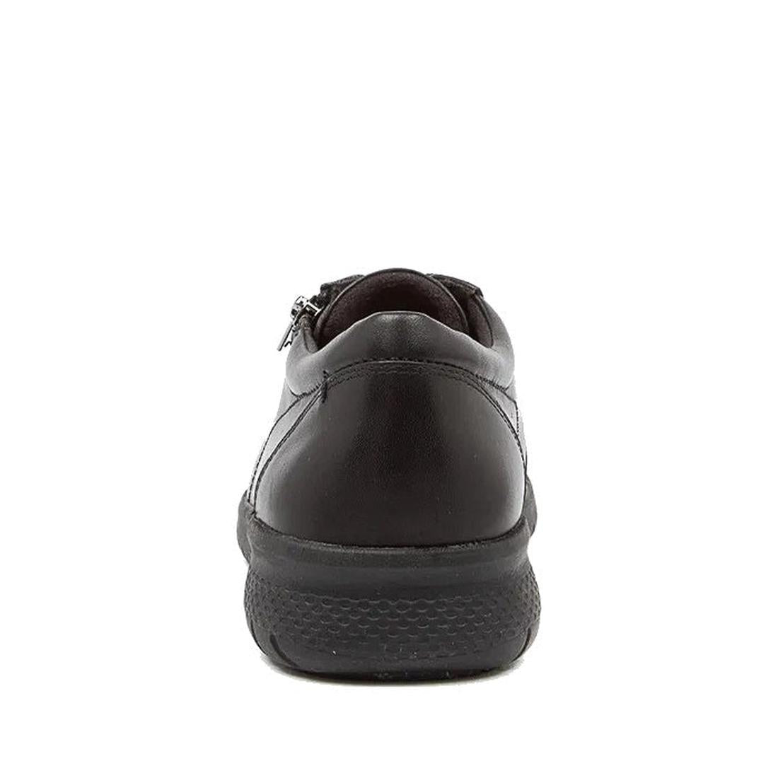 Back view of the Ziera Solar XW Women's Casual Sneaker Zip in black leather, offering high arch support and a textured rubber sole, photographed against a white background., 50991, 9355342550562, 9355342550579, 9355342550586, 9355342551439, 9355342551477,