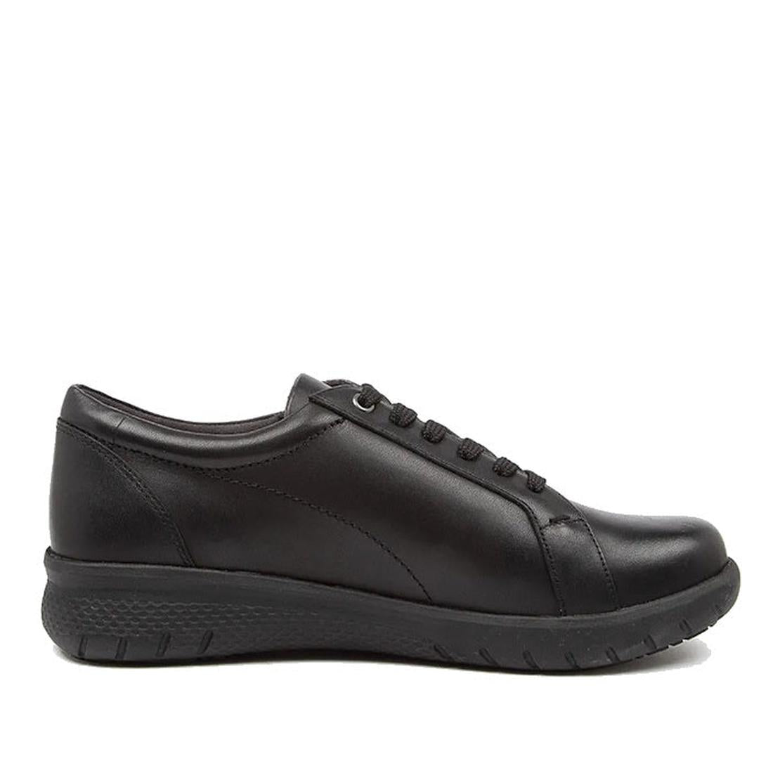 The Ziera Solar XW Women's Casual Sneaker Zip in black leather features a low heel, textured rubber sole, extra wide fit, and high arch support. Shown from the side against a white background., 50991, 9355342550562, 9355342550579, 9355342550586, 935534255
