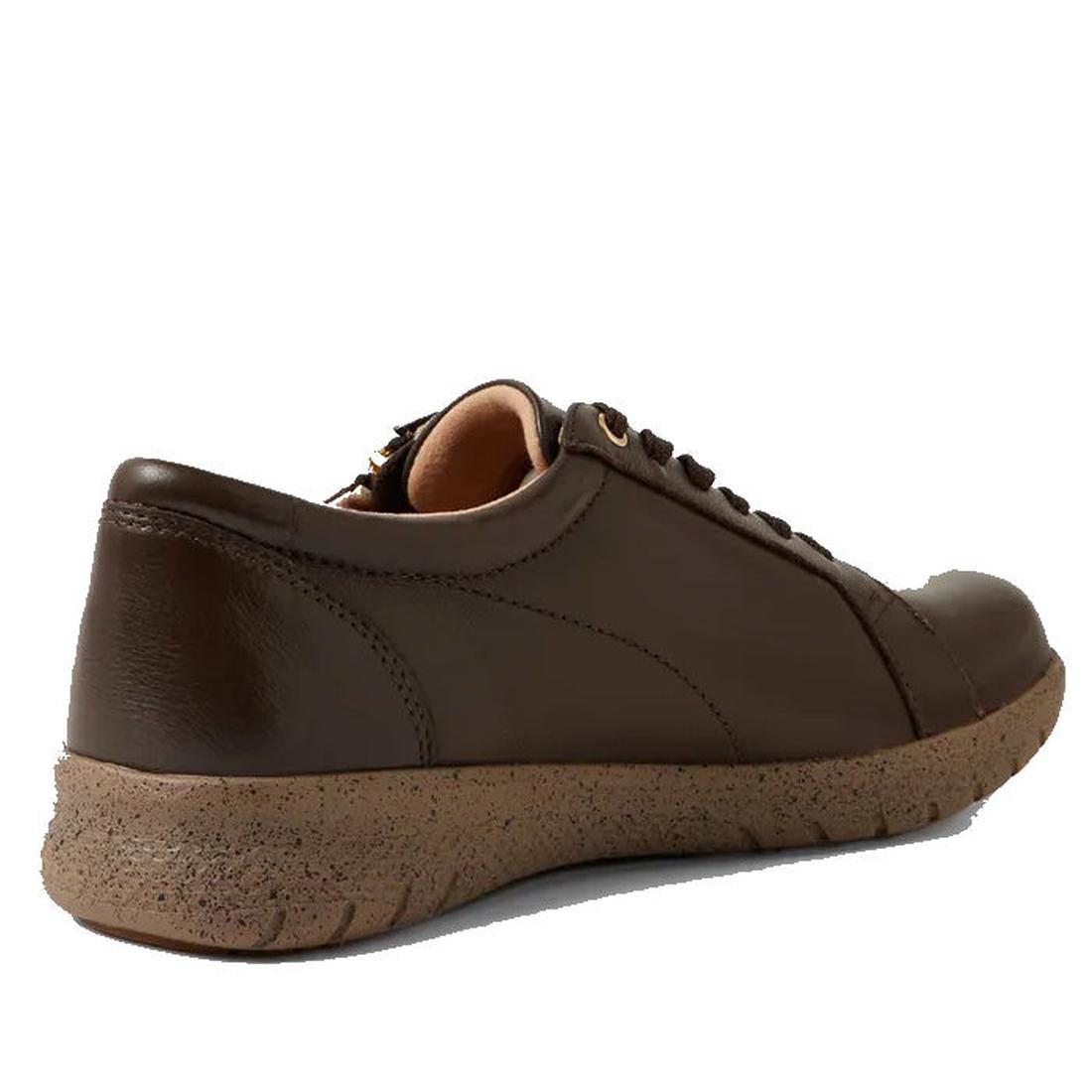 The Ziera Solar XW Women's Casual Sneaker in chocolate brown leather features dark brown laces, stitching details, a textured tan sole with high arch support, and is shown from a rear side angle on a white background., 51019, 44347555285581, 4434755525604