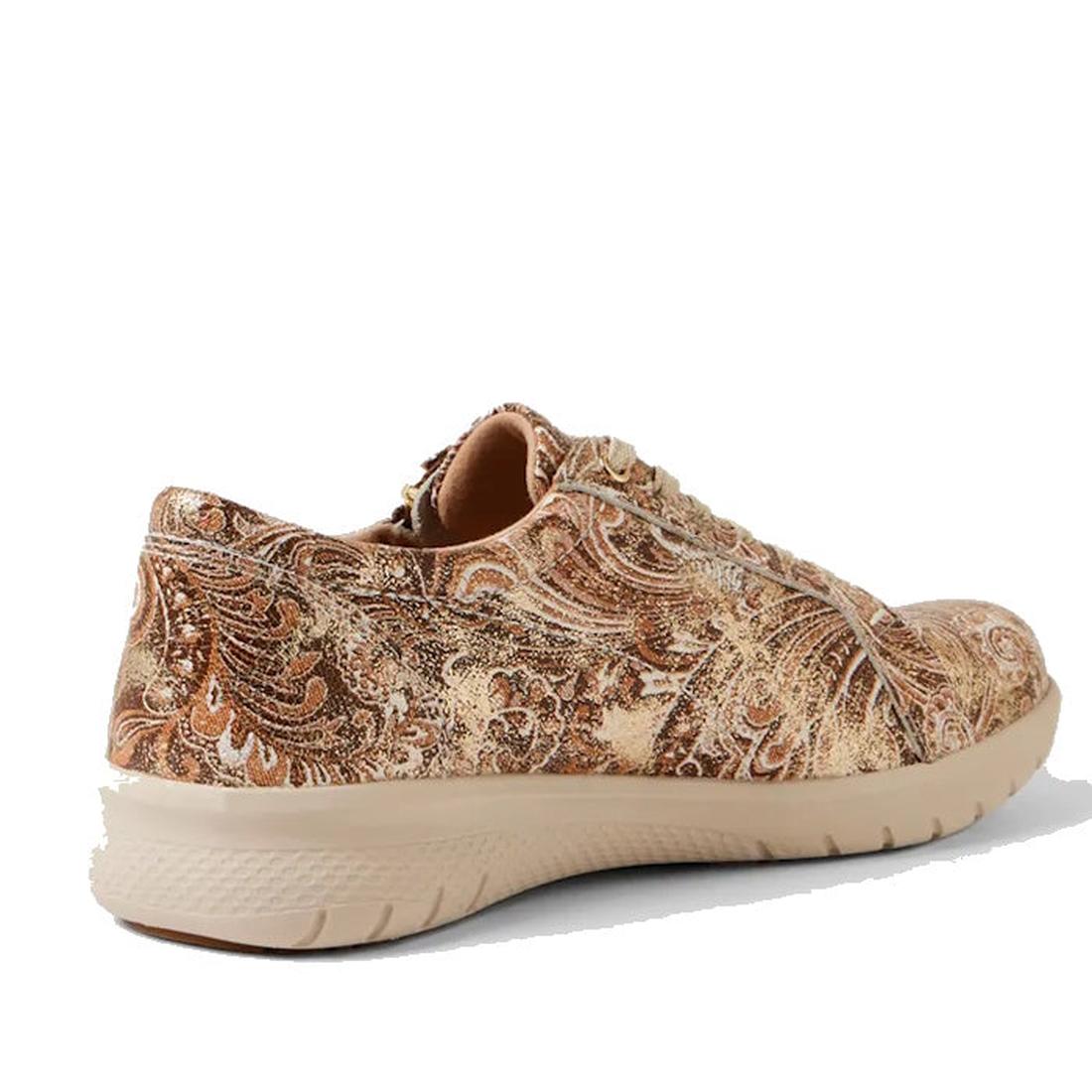 The Ziera Solar XW Women's Casual Sneaker features chocolate gold paisley-patterned brown leather, tan laces, an extra wide fit, a light beige rubber sole, and a rear side zip—shown from a rear side angle., 51033, 4434755528438, 4434755528452, 44347555284
