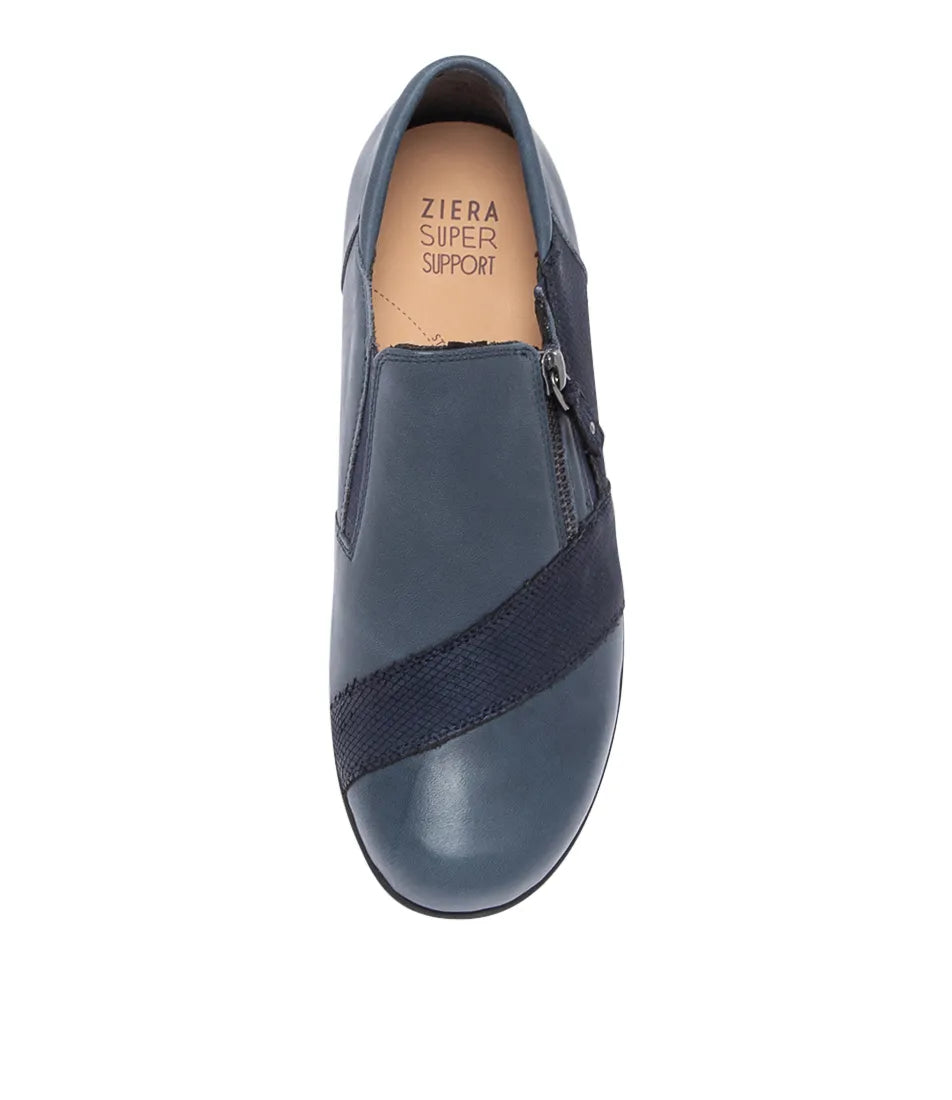 Ziera Sage XF women's wedge heel shoe in navy leather with side zip closure, high arch support, extra wide fit, and diagonal textured panel detail, viewed from above., 50984, 4434755914682, 4434755914699, 4434755914705, 4434755914712, 4434755914729, 44347