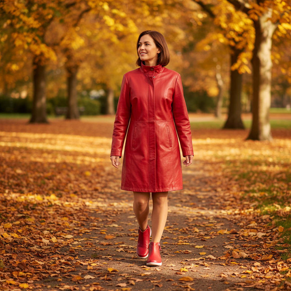 A woman in a red coat and Ziera Solange XF Leather Women's Ankle Boot Red walks along a tree-lined path covered with autumn leaves, smiling amid golden foliage., 51061, 4434750236376, 4434750236390, 4434750236413, 4434750236437, 4434750236451, 44347502364