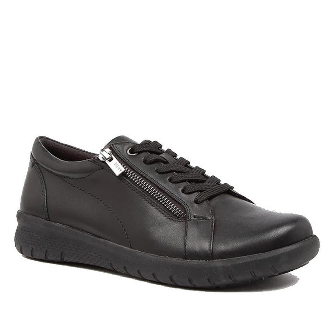 The Ziera Solar XW Women's Casual Sneaker Zip Black Leather is an extra wide black leather sneaker with a lace-up front, side zipper, textured rubber sole, and low heel for all-day comfort.