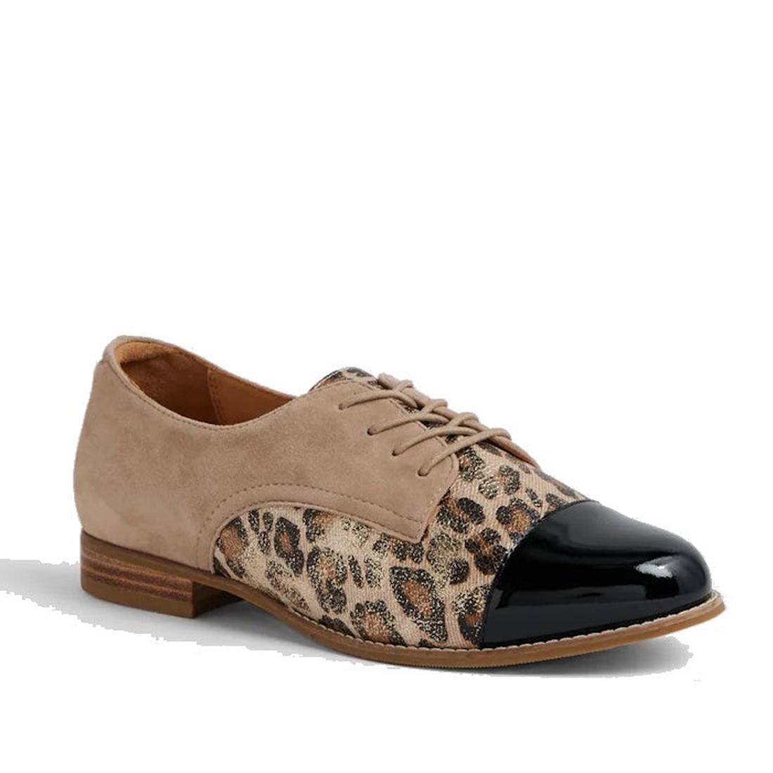 The Ziera Tobin XF Women's Flat Brogue in Black Taupe Leopard features beige suede, leopard print sides, a black patent leather cap toe, extra wide fit, low wooden heel, beige laces, and all-day comfort.