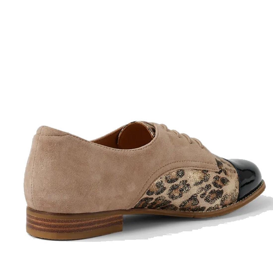 The Ziera Tobin XF Women's Flat Brogue features a glossy black leather toe, taupe suede back, leopard print sides, brown laces, a low wooden heel, and a removable Comfort Plus footbed for enhanced support., 51040, 4434755462978, 4434755462985, 44347554629