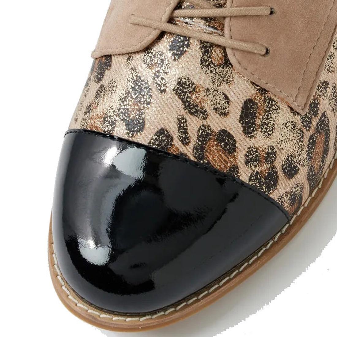 Close-up of the Ziera Tobin XF Women's Flat Brogue in Black Taupe Leopard: features a glossy black toe cap, leopard print leather, beige suede laces and panels, visible stitching on the brown rubber sole, and an extra wide fit for comfort., 51040, 4434755