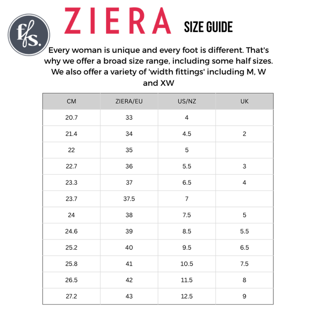 Shoe size guide for Ziera Solar XW Women's Casual Sneaker Zip Black Leather, displaying foot lengths (cm) matched to Ziera/EU, US/NZ, and UK sizes. Notes on high arch support, unique fits, width options, f/s logo and Ziera branding included., 50991, 93553